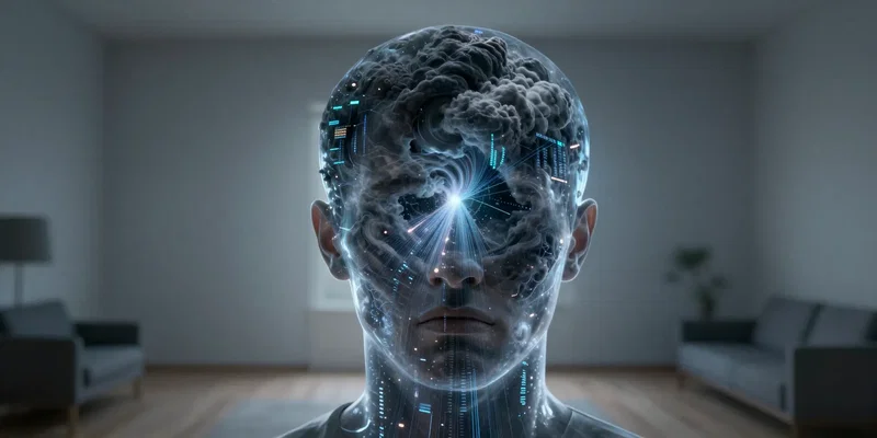 A visual metaphor of anxiety. A person's head is transparent, filled with swirling, ominous dark clouds and chaotic, glowing