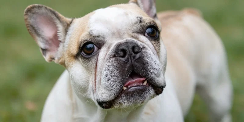 Close up of a teething French Bulldog puppy drooling slightly, looking up with big eyes
