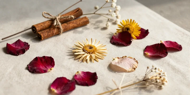 Flat lay aesthetic, dried flower collection for zero waste hair accessories, including pressed rose petals, straw flowers