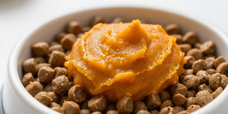 Close up of a dog bowl filled with premium kibble topped with a generous dollop of rich orange pureed pumpkin, food
