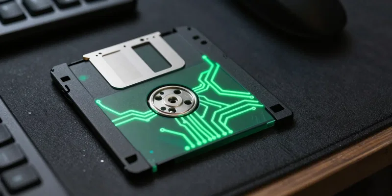 A retro-futuristic floppy disk with glowing neon green circuit lines, sitting on a messy hacker desk