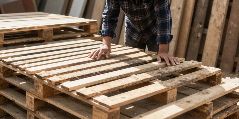 A person in a flannel shirt searching through a stack of old wooden pallets and salvaged lumber in a sunlit salvage yard
