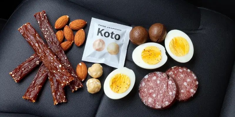 Flat lay of high-protein keto snacks on a rustic car dashboard: beef jerky sticks, individual packets of almonds