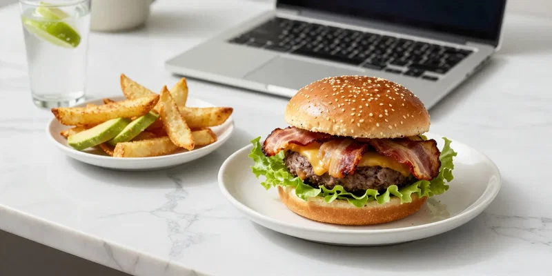 Food photography, a delicious and colorful keto office lunch spread: a bunless bacon cheeseburger bowl with lettuce, a side