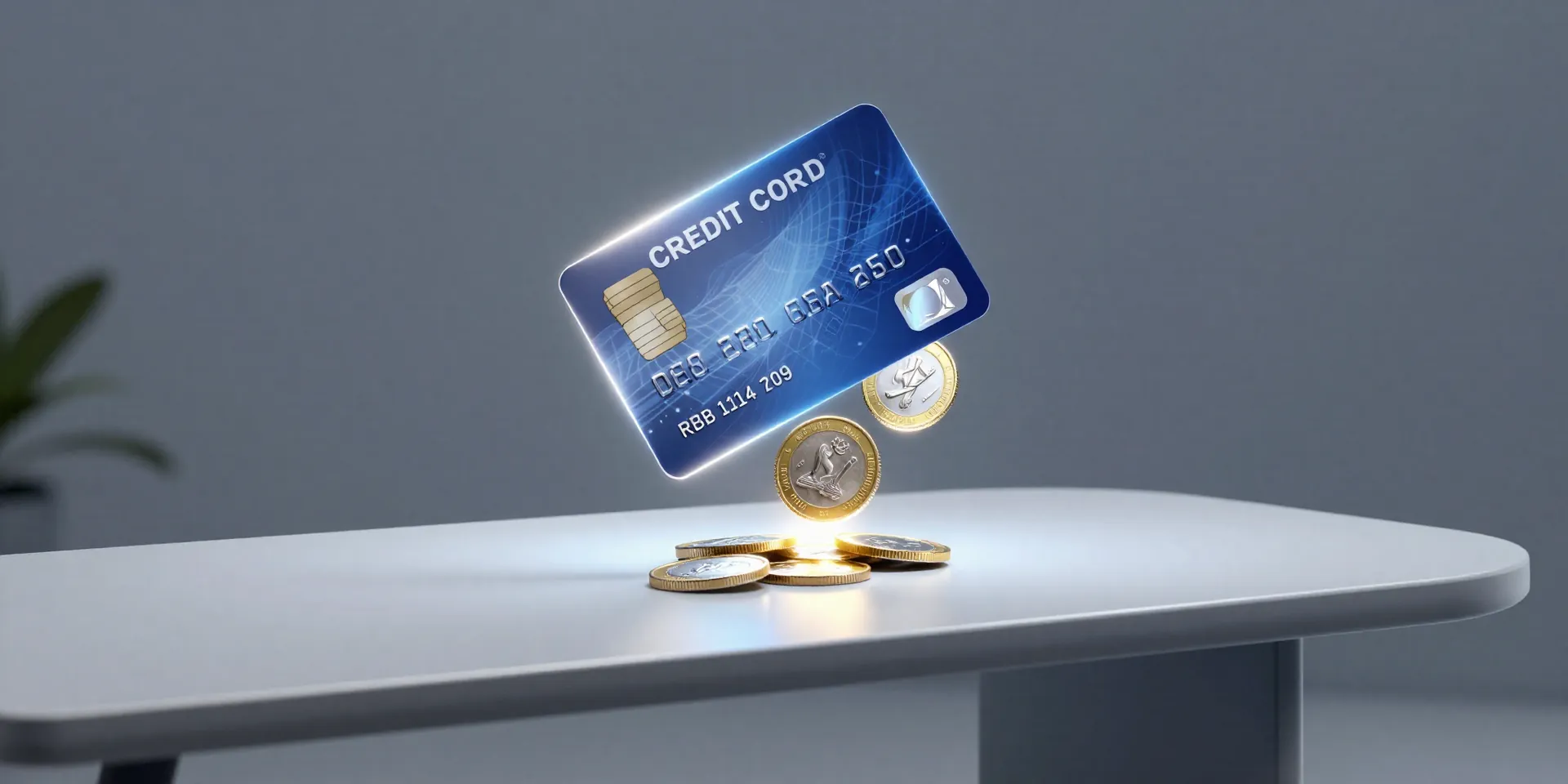 A glowing credit card floating above a minimalist futuristic desk, coins transforming into organized files, corporate