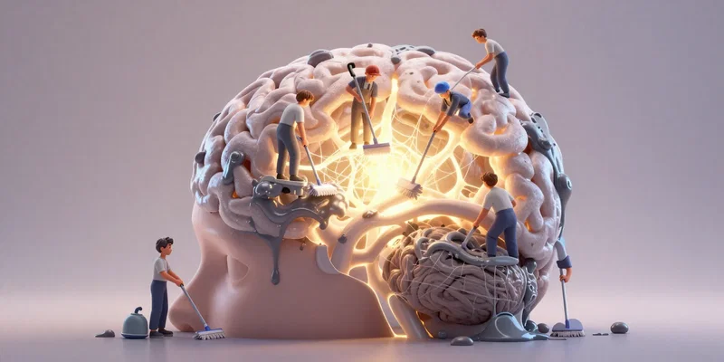 Metaphorical scene inside a human head. Tiny cartoon workers with vacuums and mops are cleaning sticky, grey cobwebs (brain