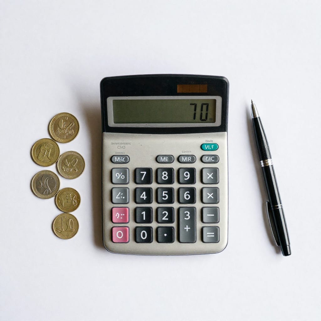 Flat-lay shot of calculator, coins, and pen on a desk for financial planning