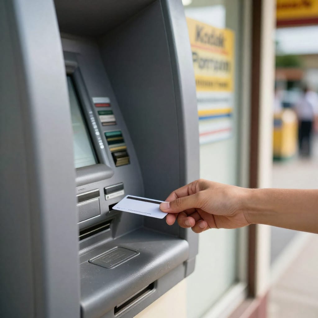 Close-up of person's hand inserting debit card into an ATM at a retail location