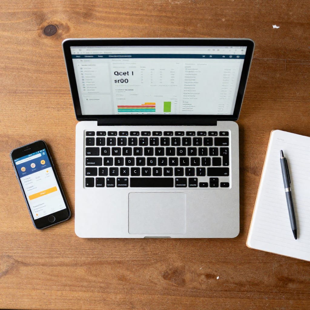Laptop displaying online banking dashboard with account information and smartphone on desk