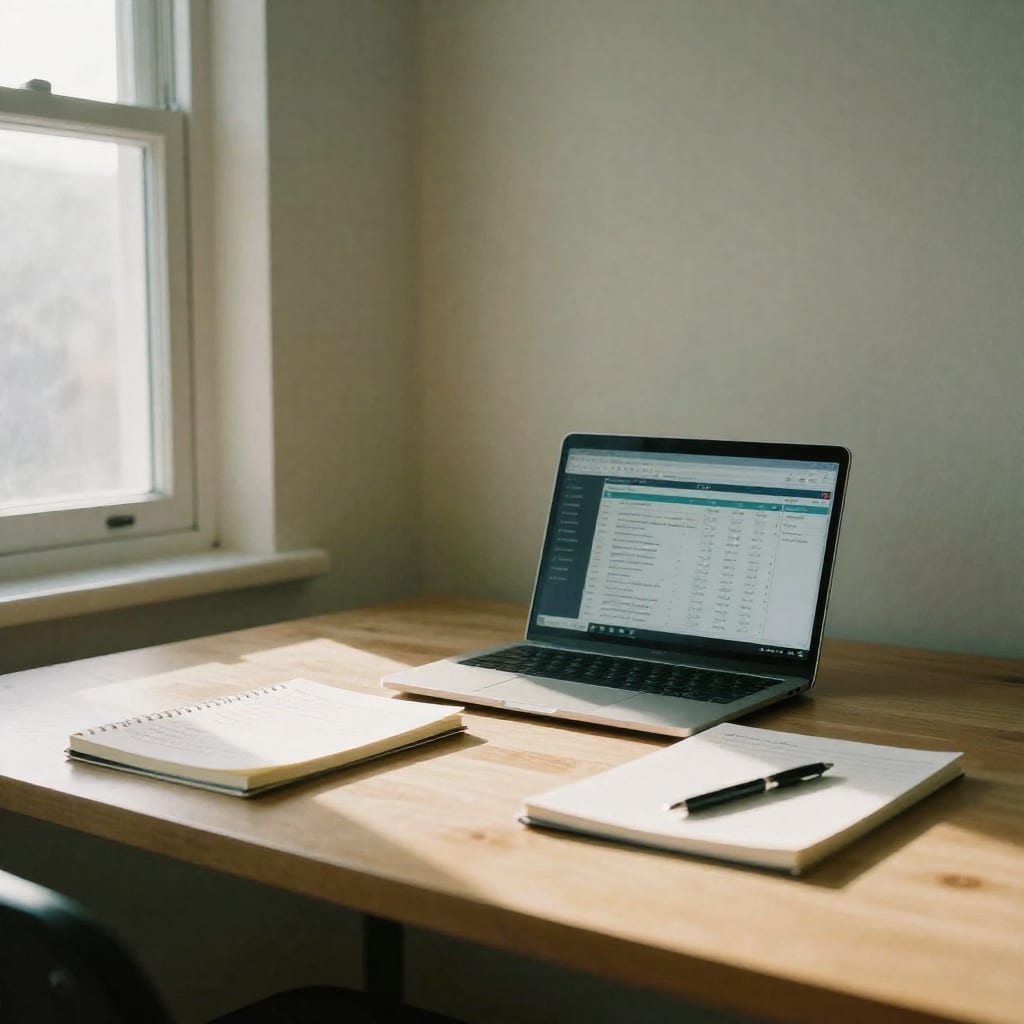 A home office with a laptop showing budget planning, notebook, and pen on a wooden desk