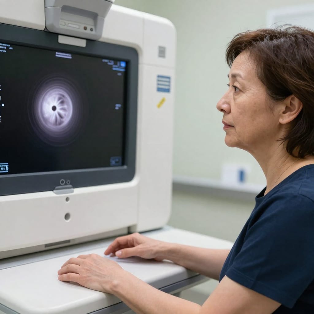 Woman in her 40s preparing for a mammogram screening