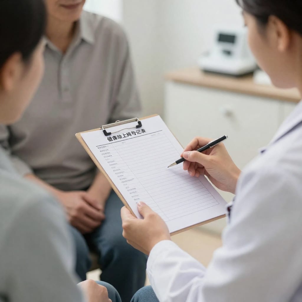 Elderly couple reviewing a health screening checklist with a doctor