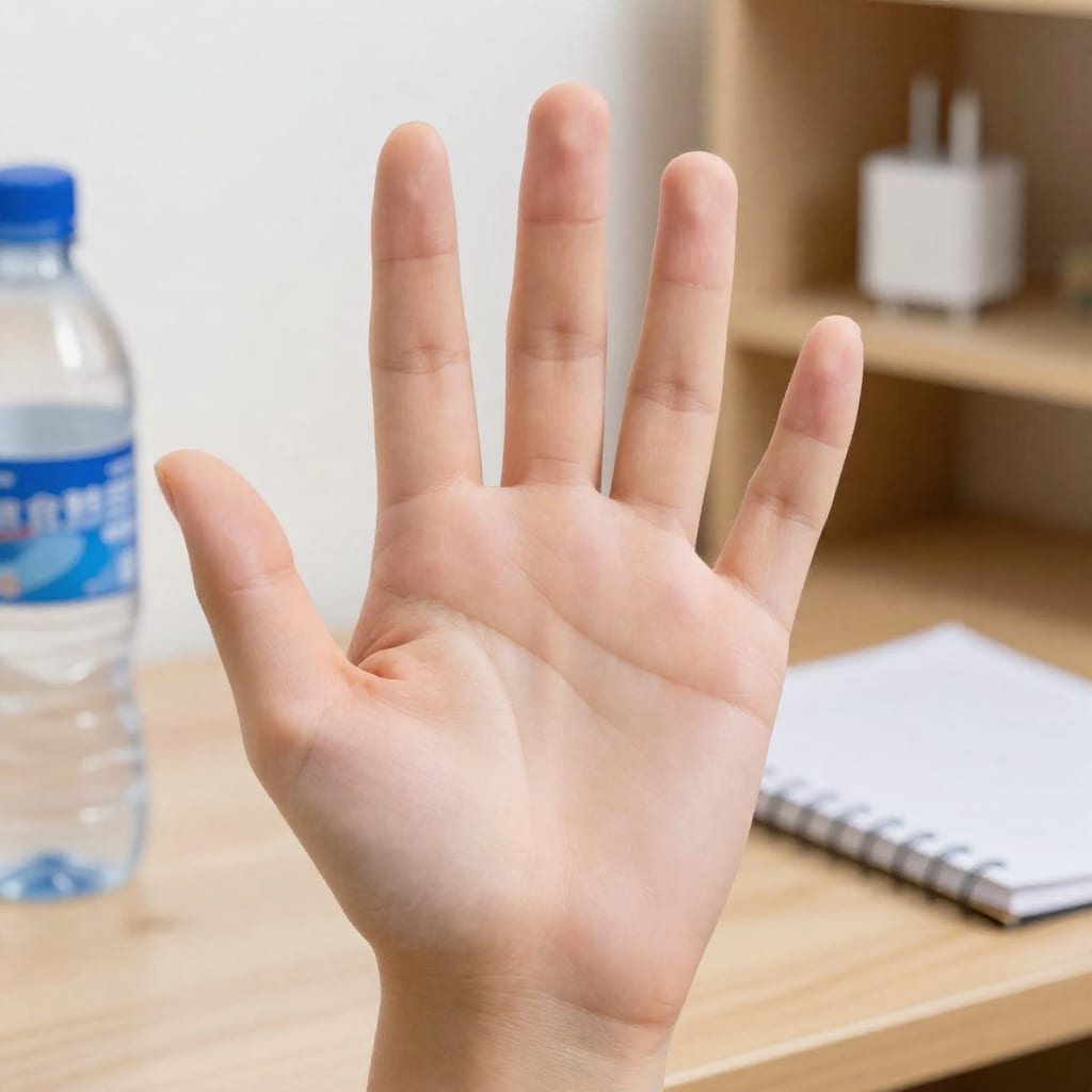 Desk layout with water bottle, notepad, and phone charger positioned to force movement