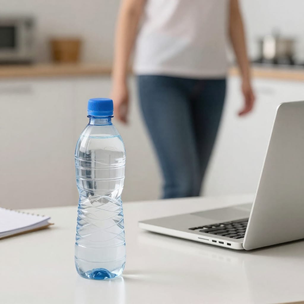 Small water bottle on desk, person walking to kitchen for refill