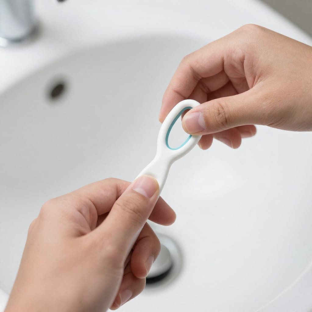 Person using a tongue scraper in a bathroom sink area