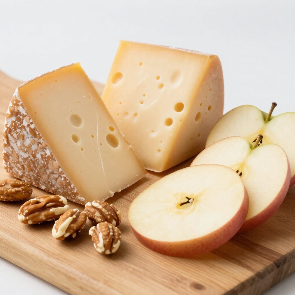 Plate of cheese, almonds, and apple slices on a wooden board
