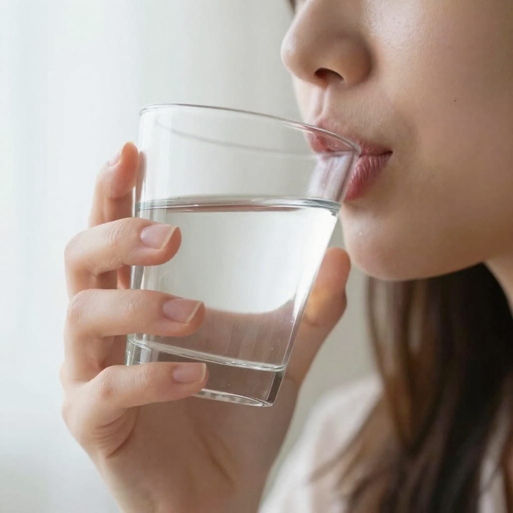 Close-up of a person taking a slow sip of water from a small glass