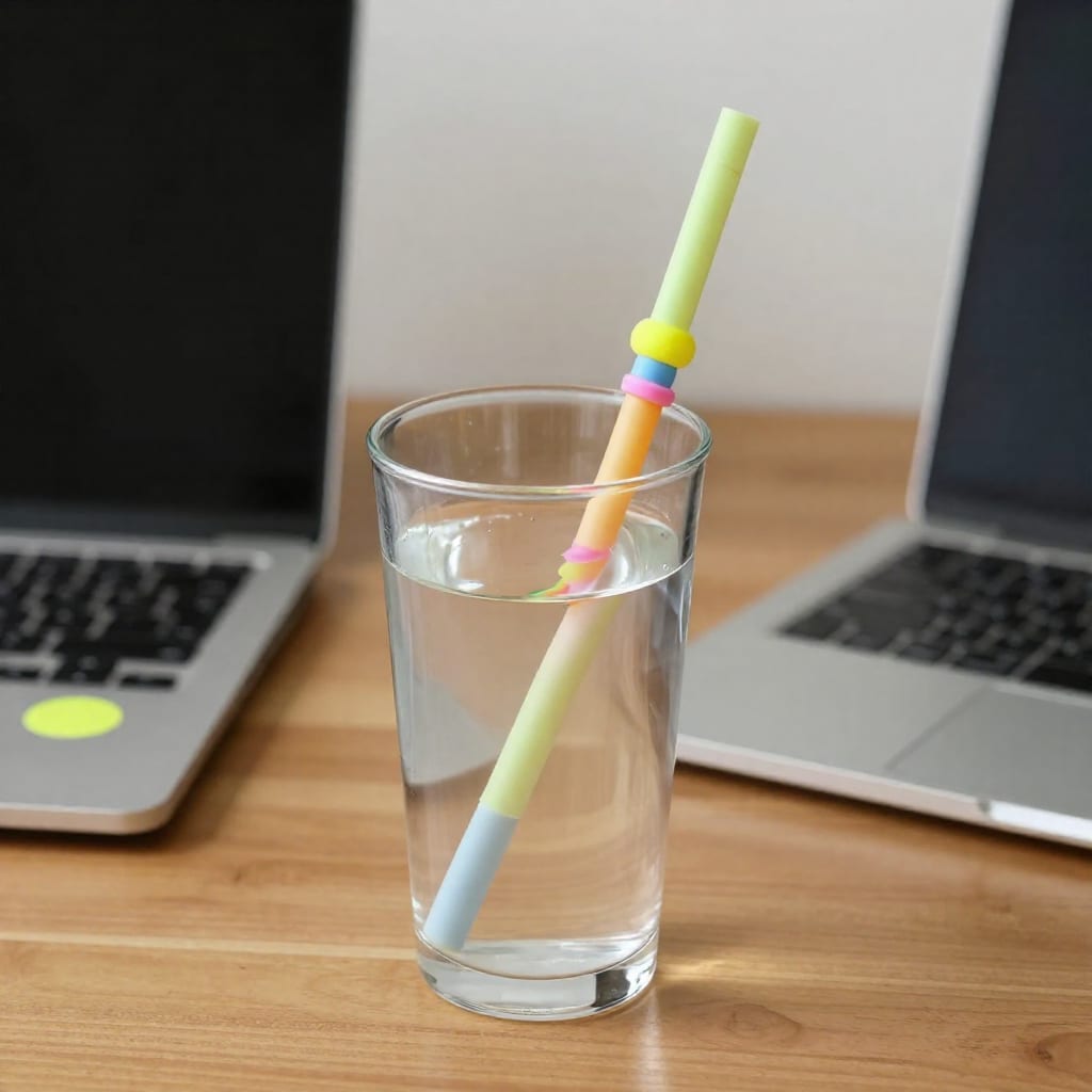 Clear glass of water with a colorful straw on a desk next to a laptop and a dot sticker