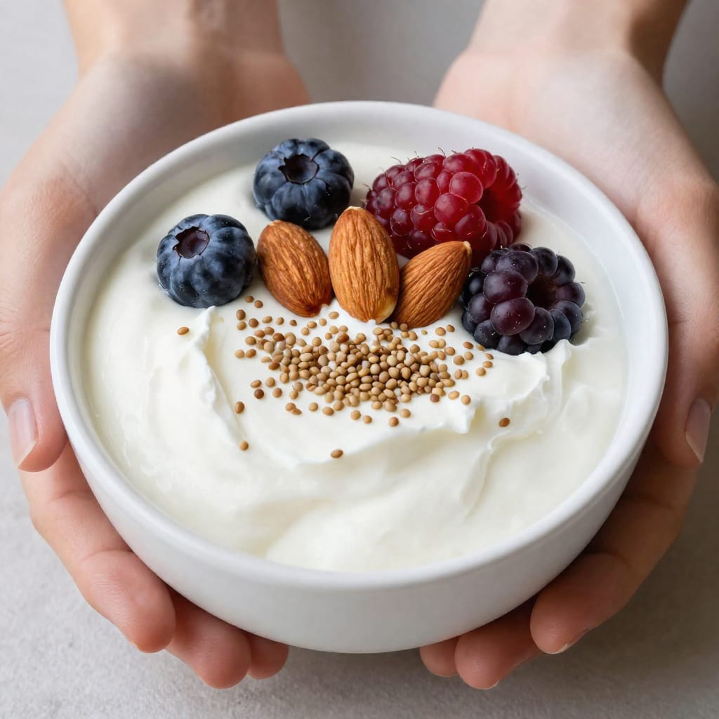 Greek yogurt bowl with hemp seeds, almonds, and berries