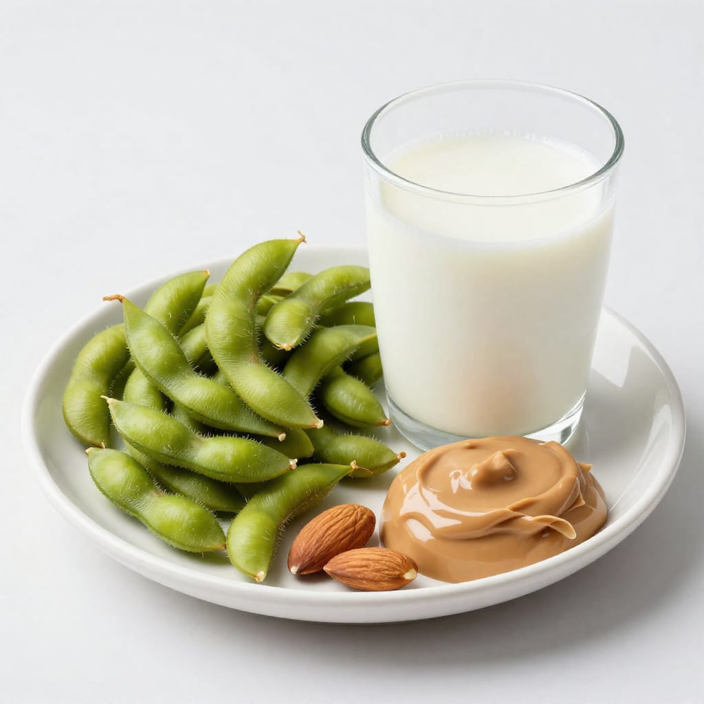 Snack plate with edamame, almonds, peanut butter, and soy milk