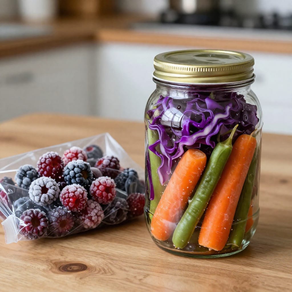 Fermented vegetables in a mason jar and frozen berries on a counter