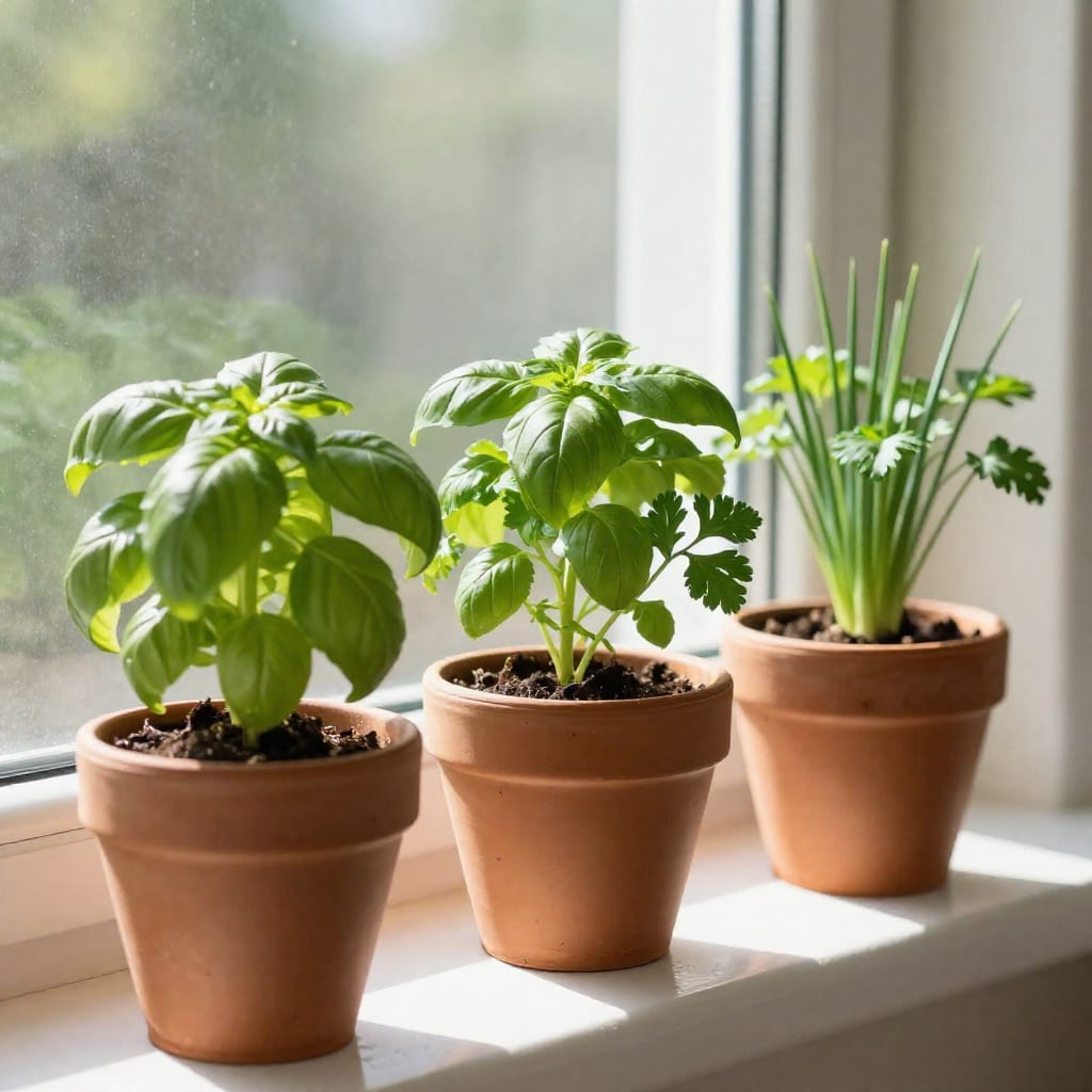 Small windowsill herb garden with basil, parsley, and chives