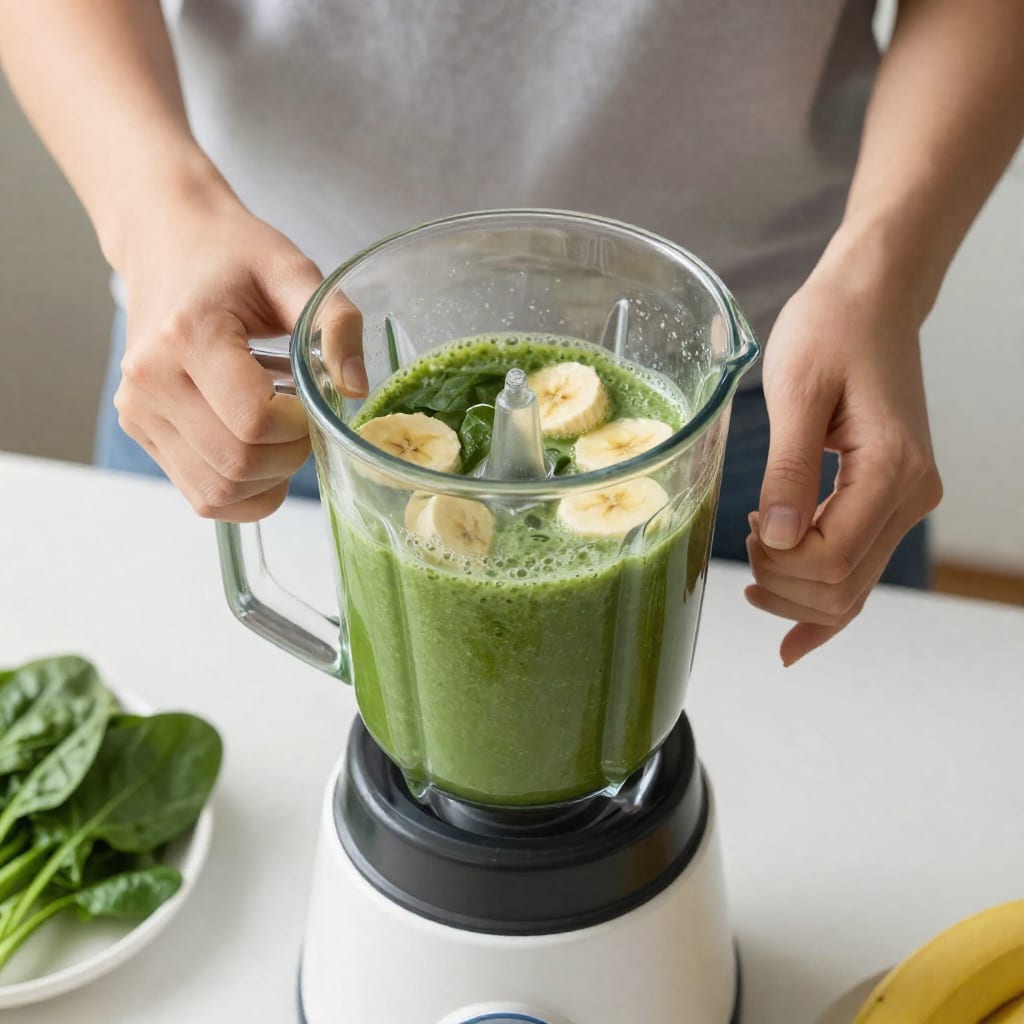 Green smoothie being blended with spinach, banana, and yogurt for pregnancy nutrition
