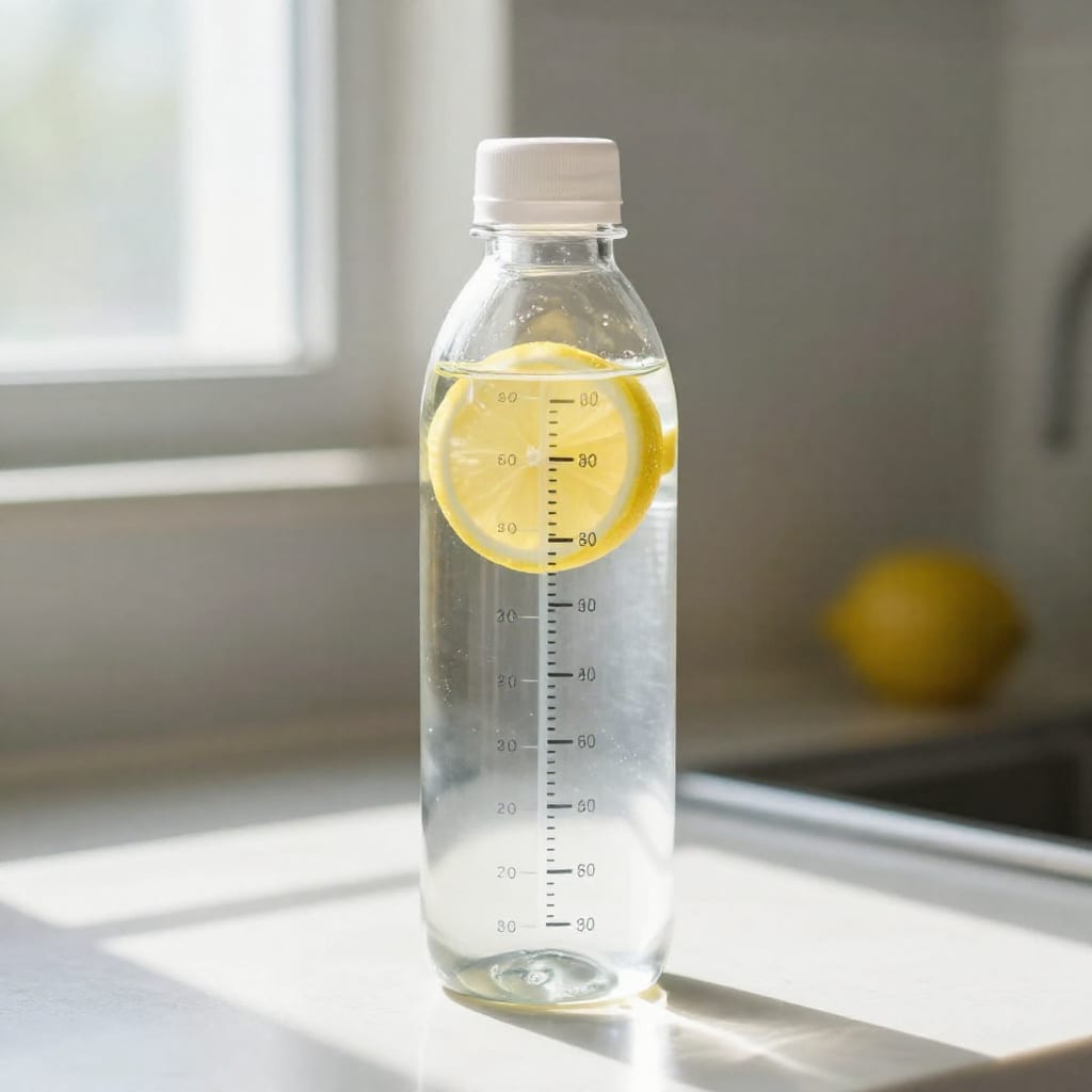 Water bottle with time markings and lemon slices for pregnancy hydration tracking