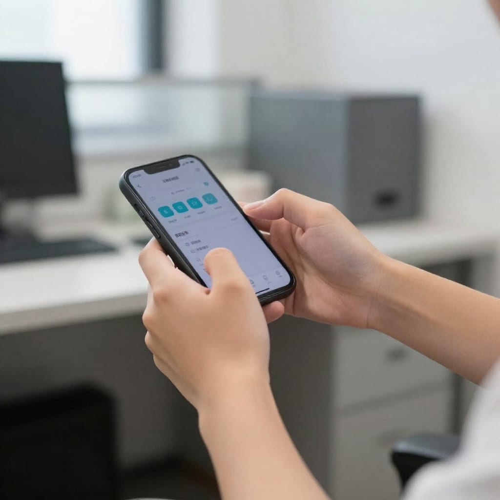 Person using phone timer while stretching quadriceps near a desk