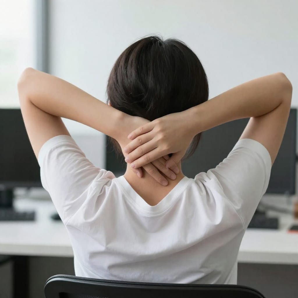 Person doing a chest stretch with hands clasped behind back at a desk