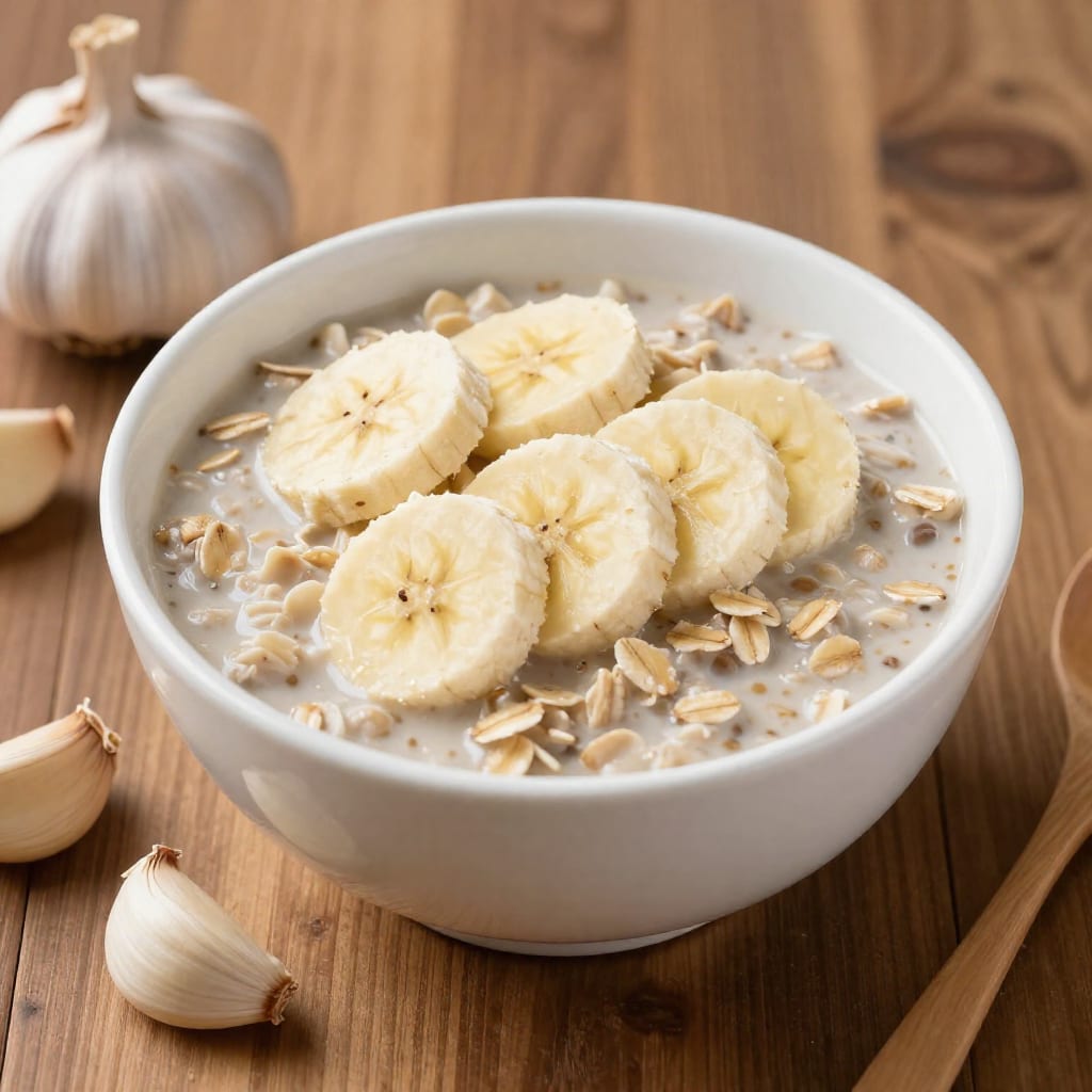 Oatmeal with banana and garlic cloves for prebiotic fiber