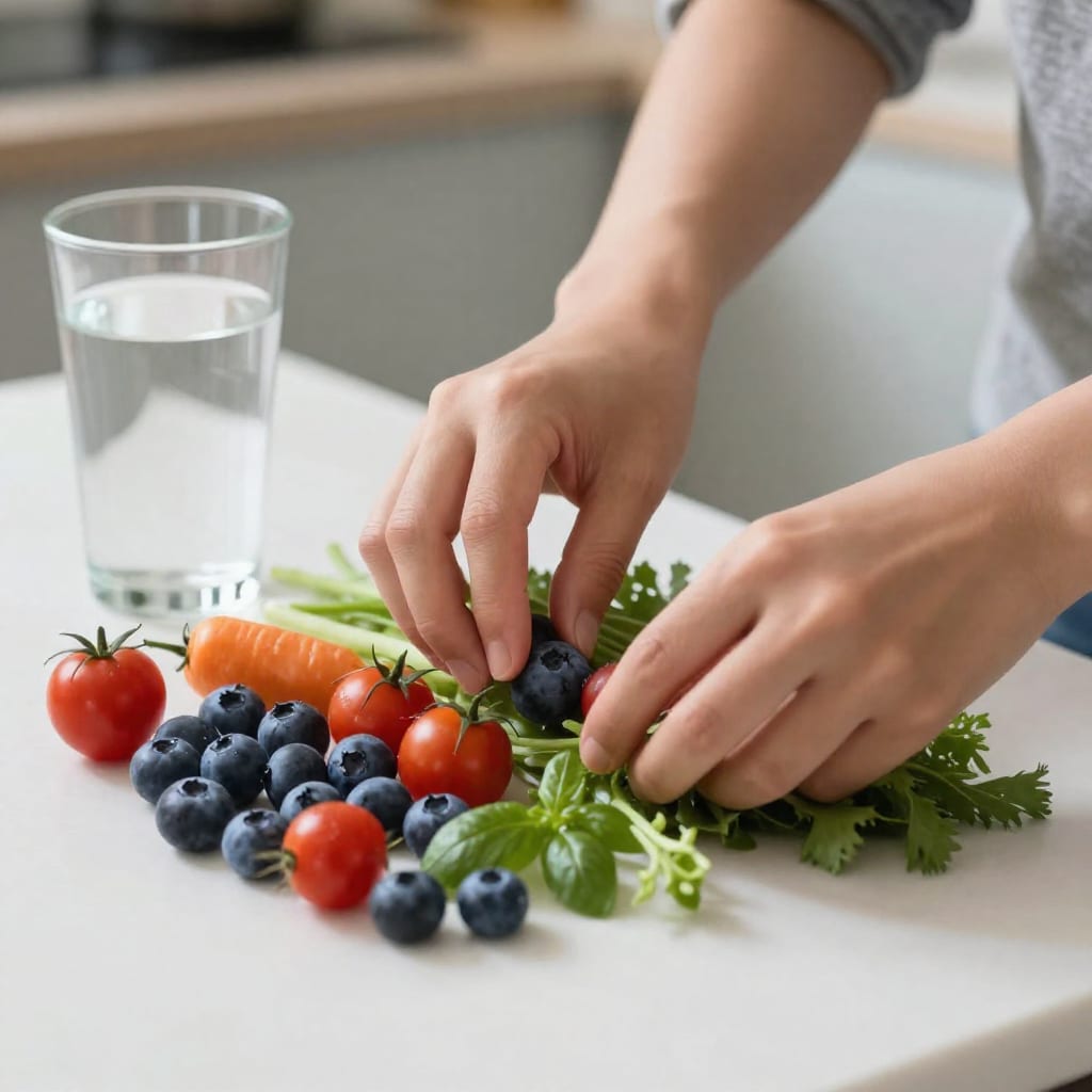 Hands sorting fresh vegetables and berries for antibiotic diet