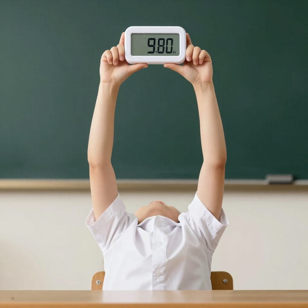 Desk worker stretching arms overhead with a timer showing 90 minutes