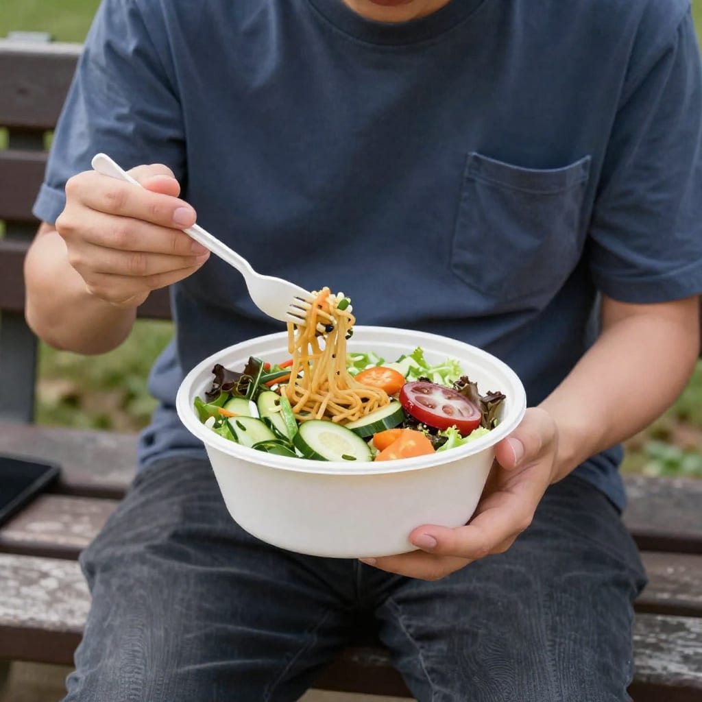 Person eating healthy lunch on a bench outdoors, phone put away