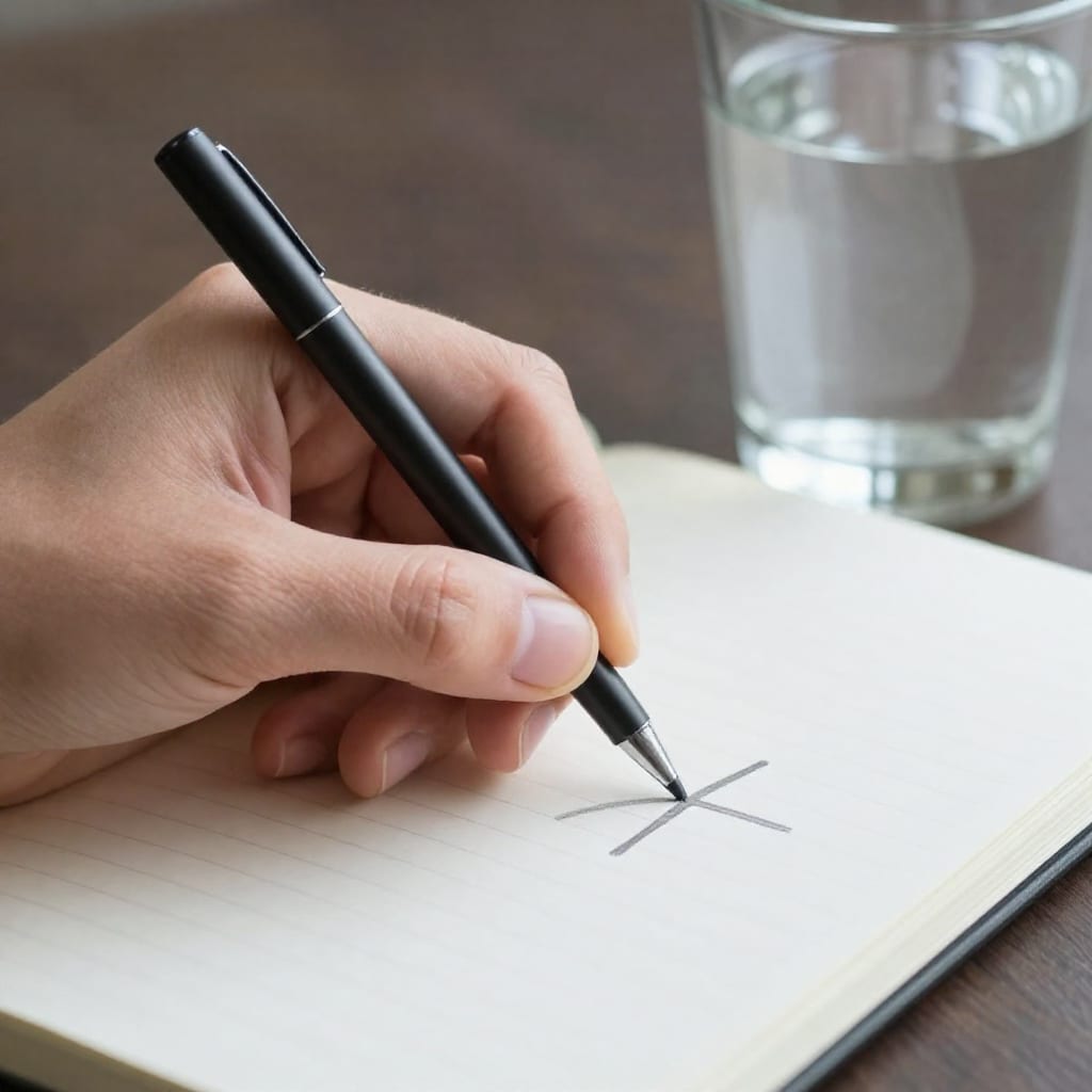 Hand tallying drinks in notebook next to water glass