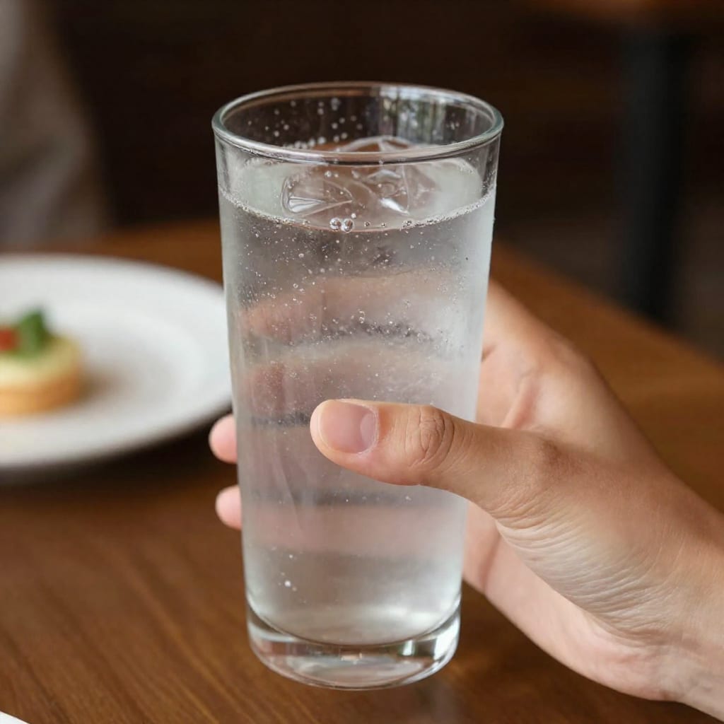 Person enjoying non-alcoholic sparkling drink at restaurant