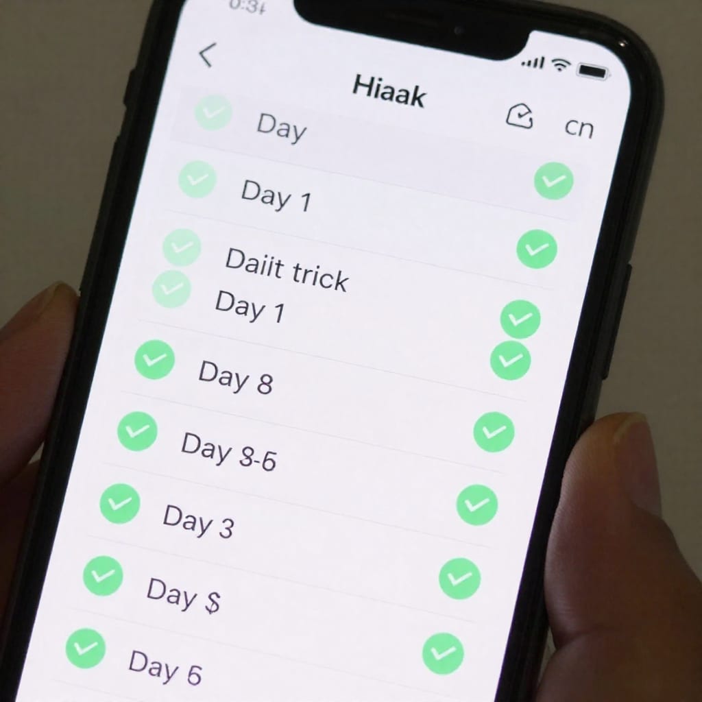 Smartphone screen showing habit tracker app with streak counter and checkmarks