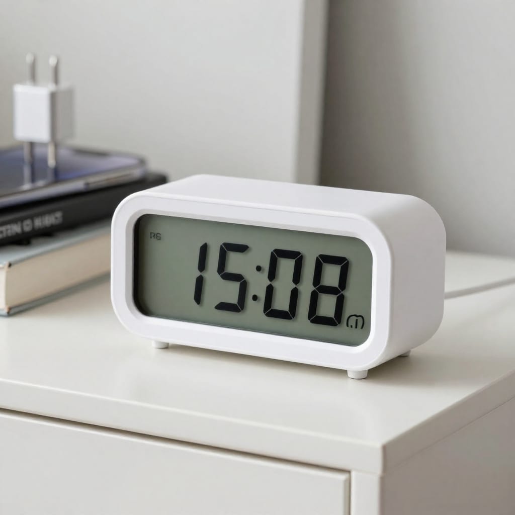 Alarm clock and book on nightstand, phone in another room