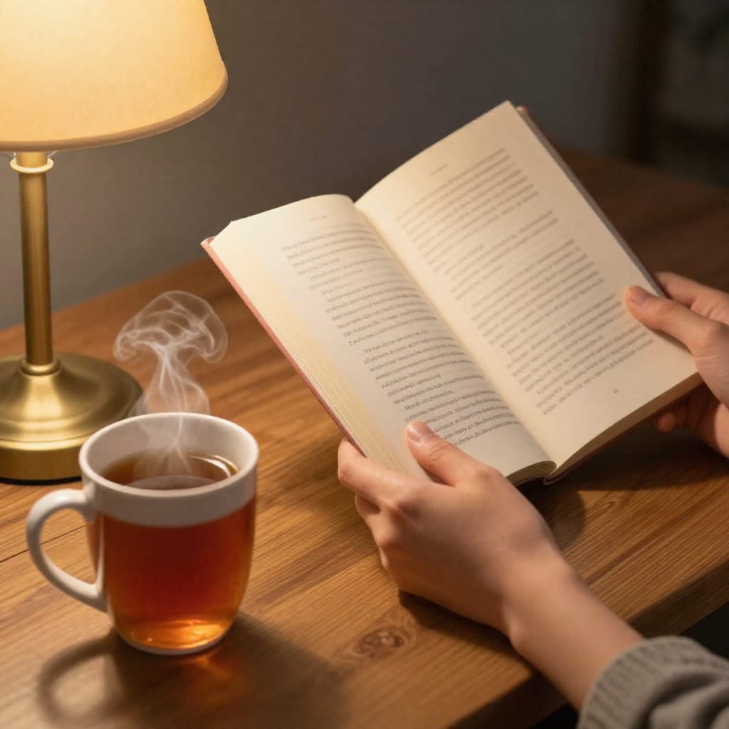 Person reading book by lamp with tea and candle