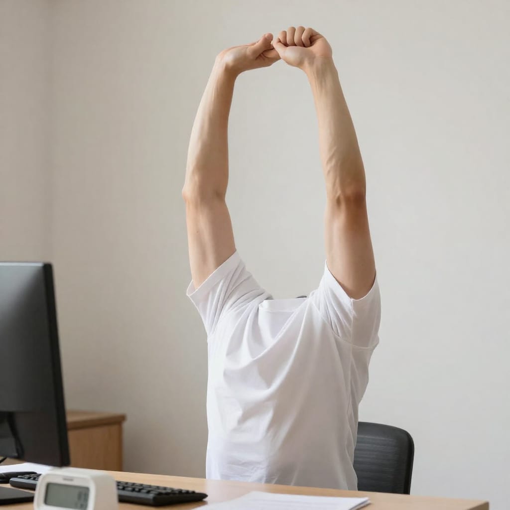 Person doing a standing stretch at home office with timer visible