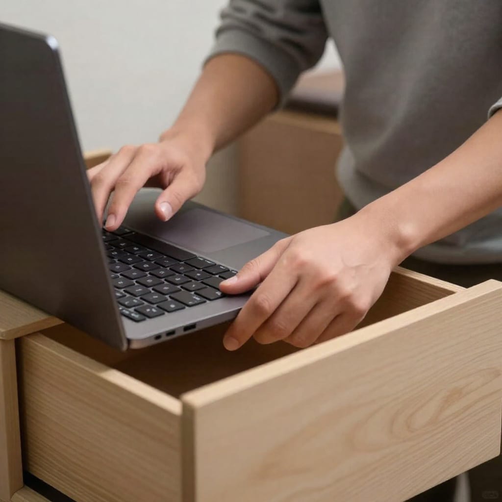 Person closing laptop and placing it into drawer at end of workday, calm evening setting