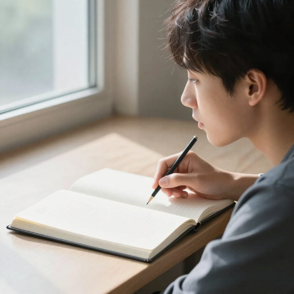 Person journaling at desk with morning light