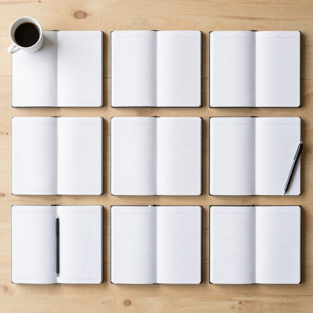 Flatlay of five paper planners open to weekly spreads with coffee and pen