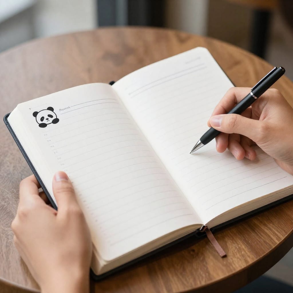 Person holding Panda Planner open on café table with pen