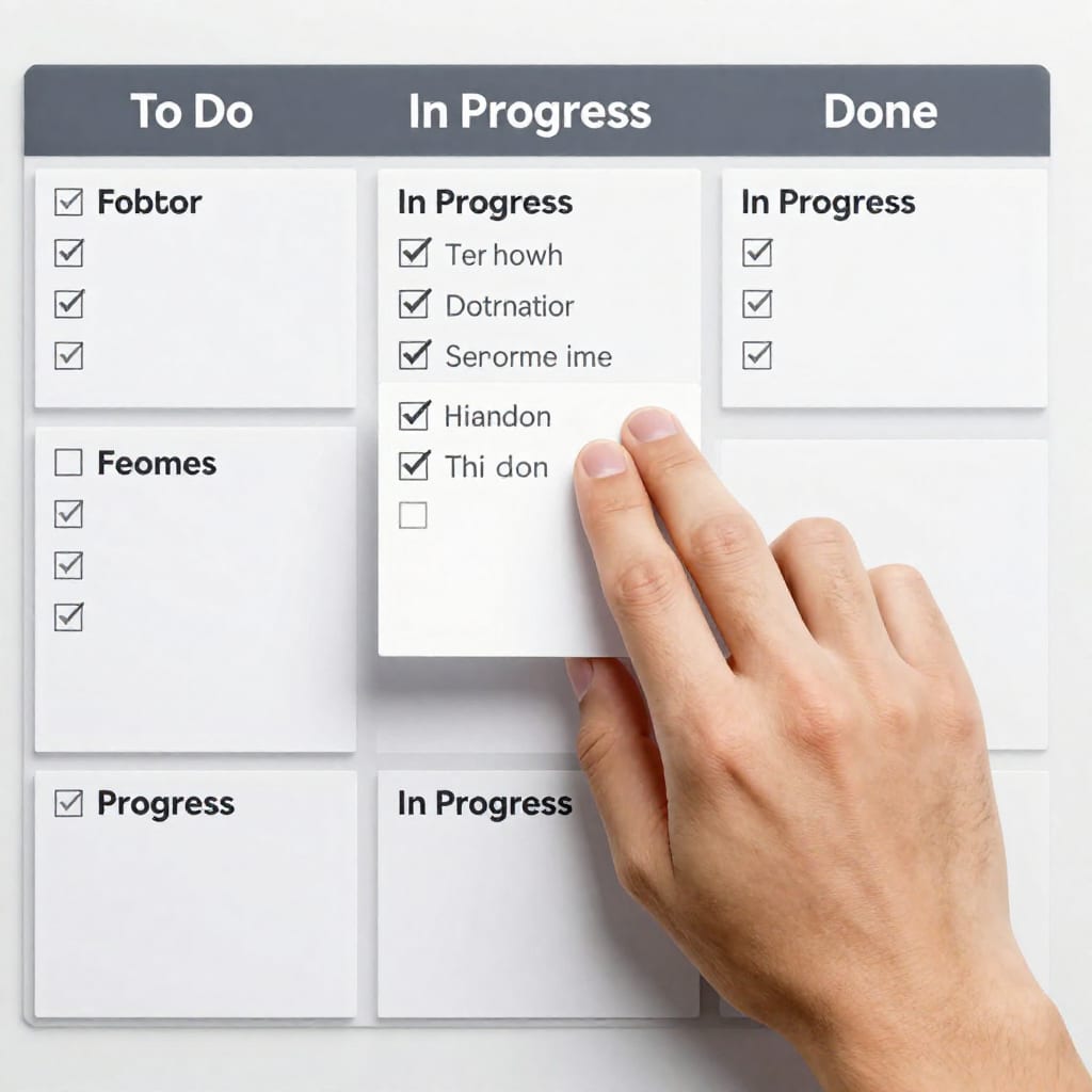 Trello Kanban board with task cards moving through workflow columns