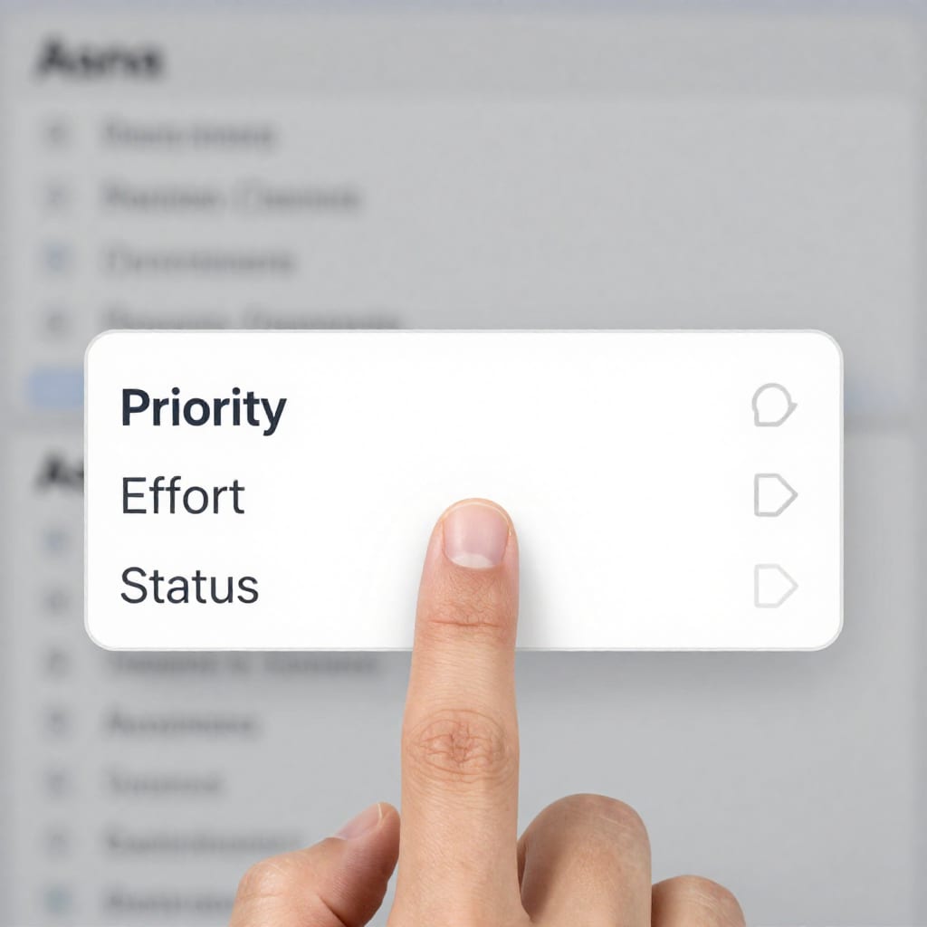 Asana custom field dropdown with Priority, Effort, and Status options being selected for a task
