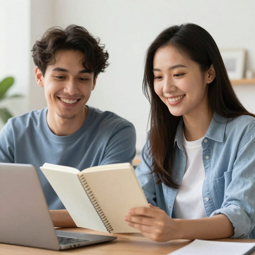 Two people on a video call smiling, one with a notebook
