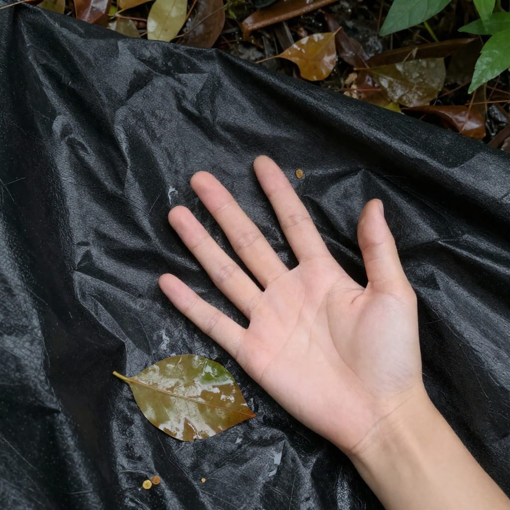 A damp leaf pile covered with a black tarp in a garden corner
