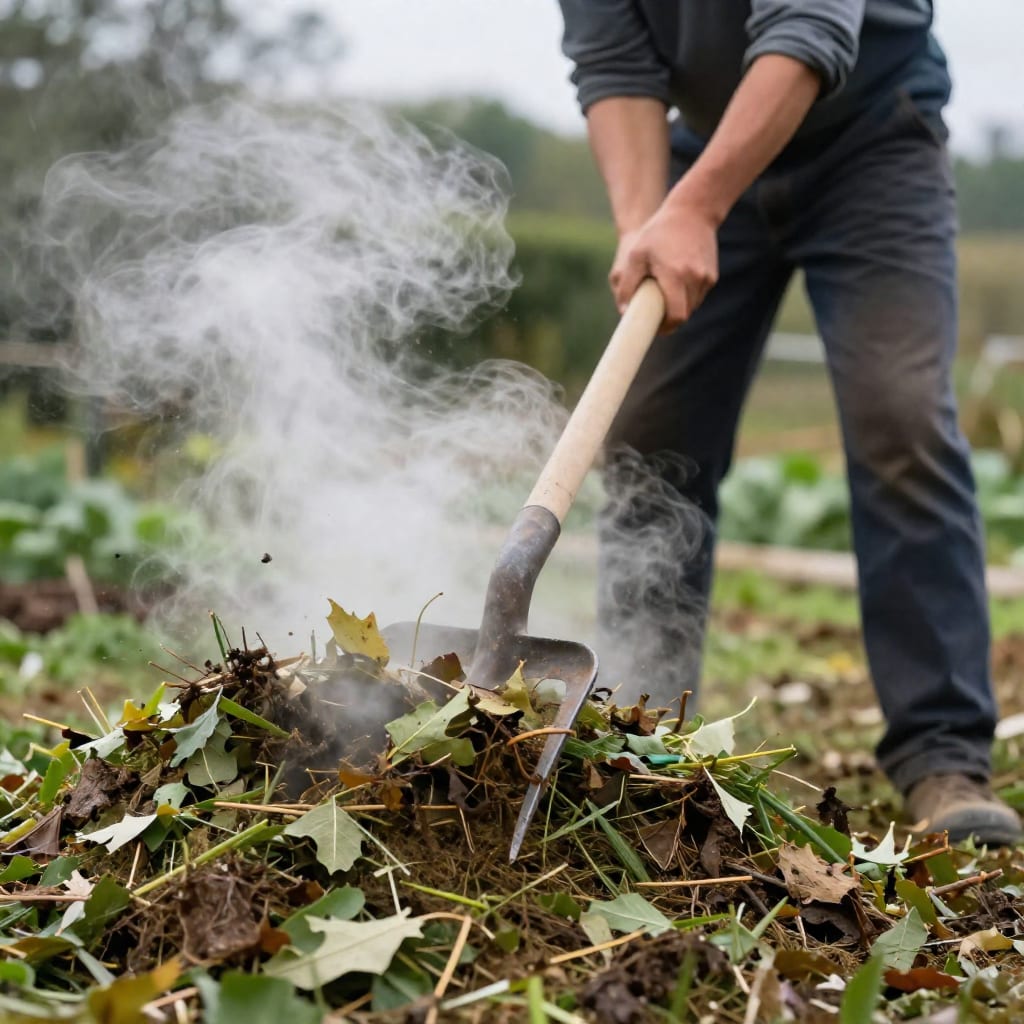 A gardener turning a steaming leaf-and-grass compost pile with a pitchfork