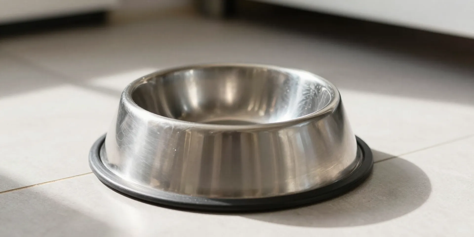 Close up shot of a sleek stainless steel dog bowl sitting directly on a beautiful tiled kitchen floor, sunbeams hitting
